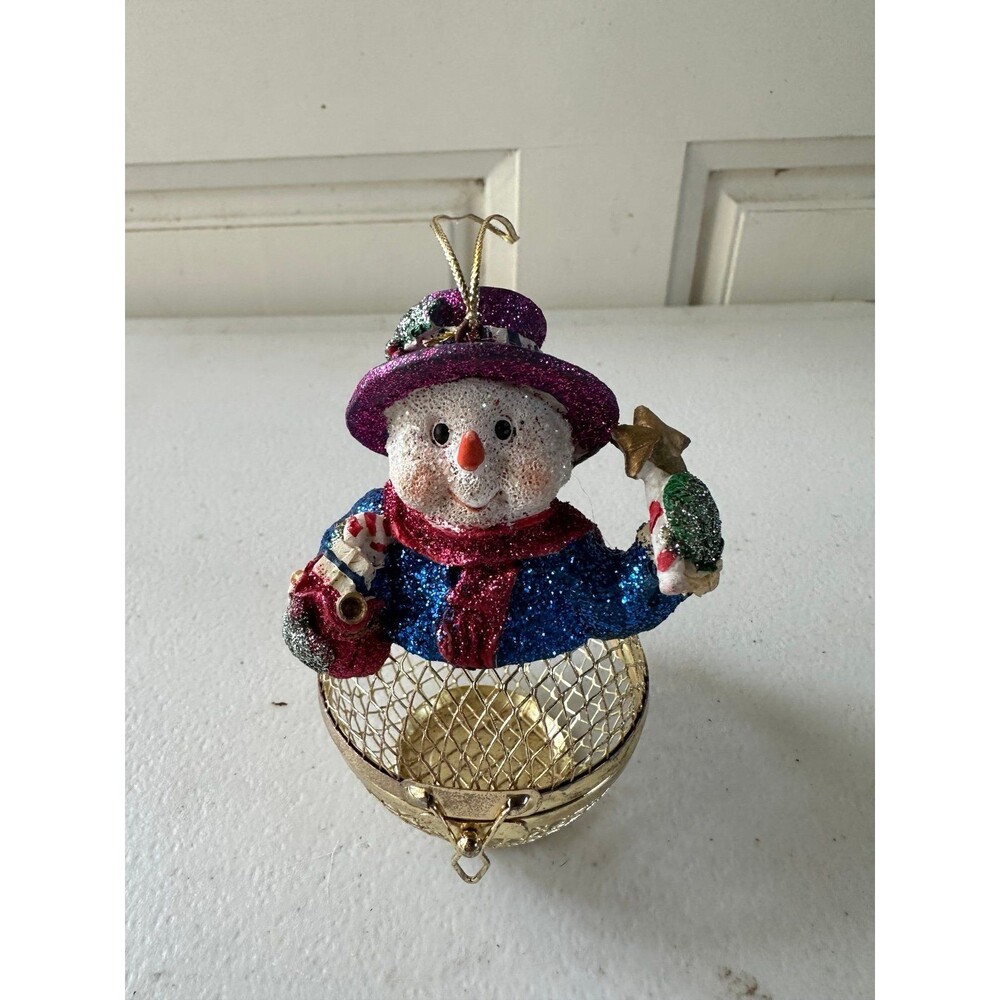Metallic Glitter Snowman Hinged Metal Trinket Potpourri Cage Christmas Ornament